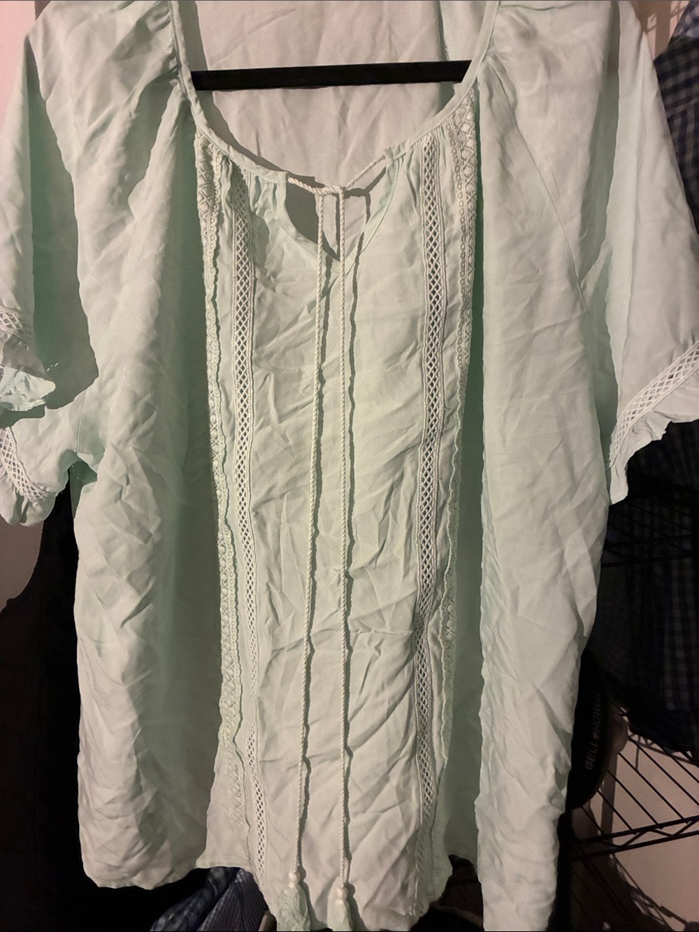 Mint Crochet-Trim Peasant Tunic with Tie Neck